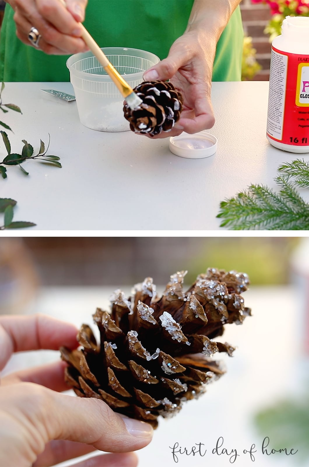 Adding snow to pinecones to make DIY Christmas lantern decor