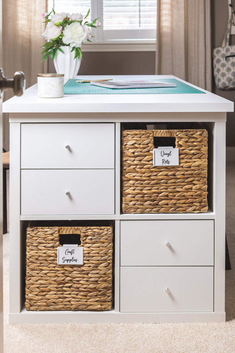 Kallax shelves with drawer inserts and basket storage shown as craft desk