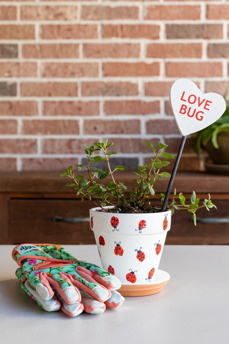 Painted flower pot with ladybug fingerprints and garden stake reading "Love Bug"