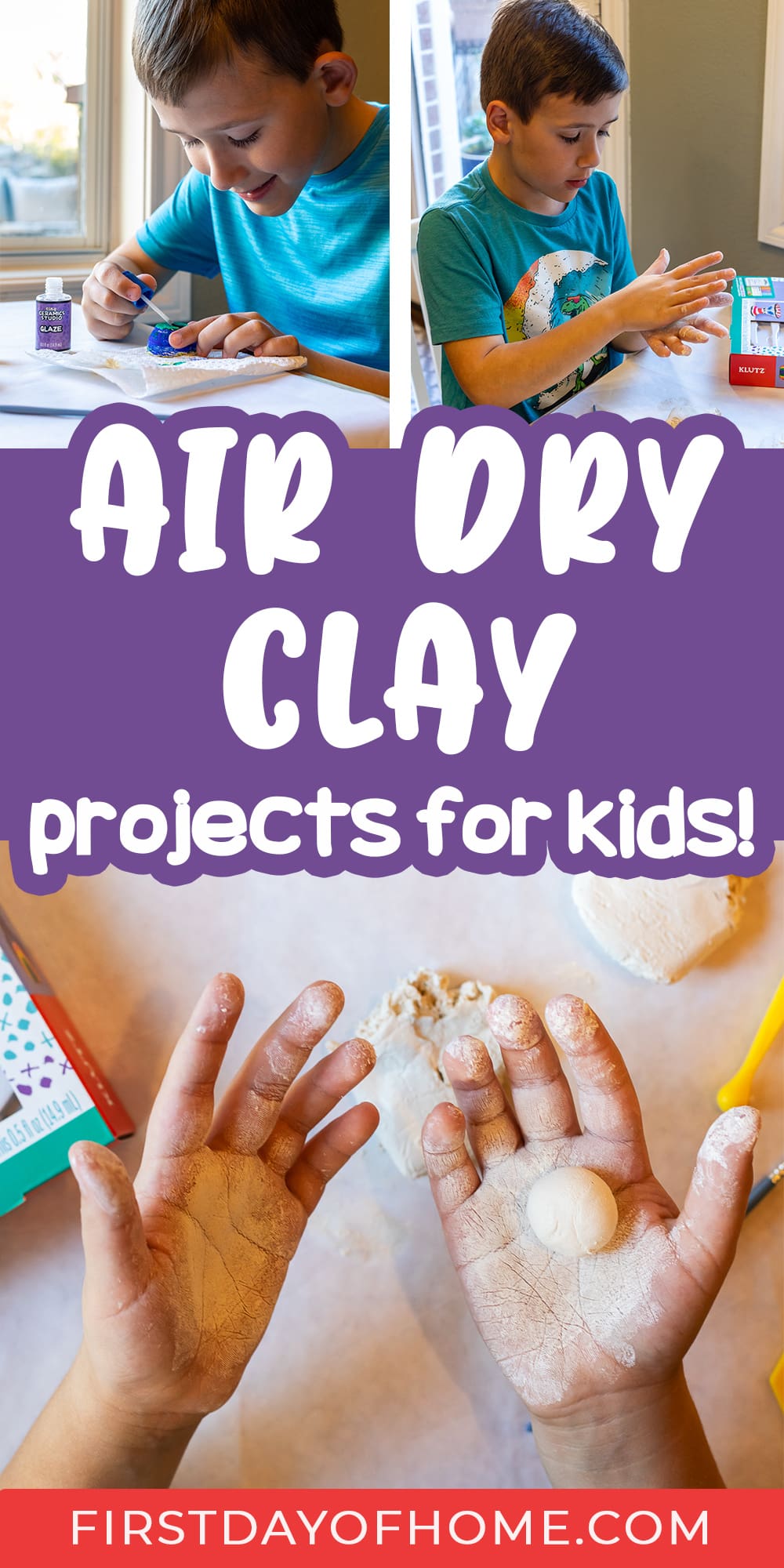 Collage of kids making air dry clay crafts using the Klutz Tiny Ceramics Studio