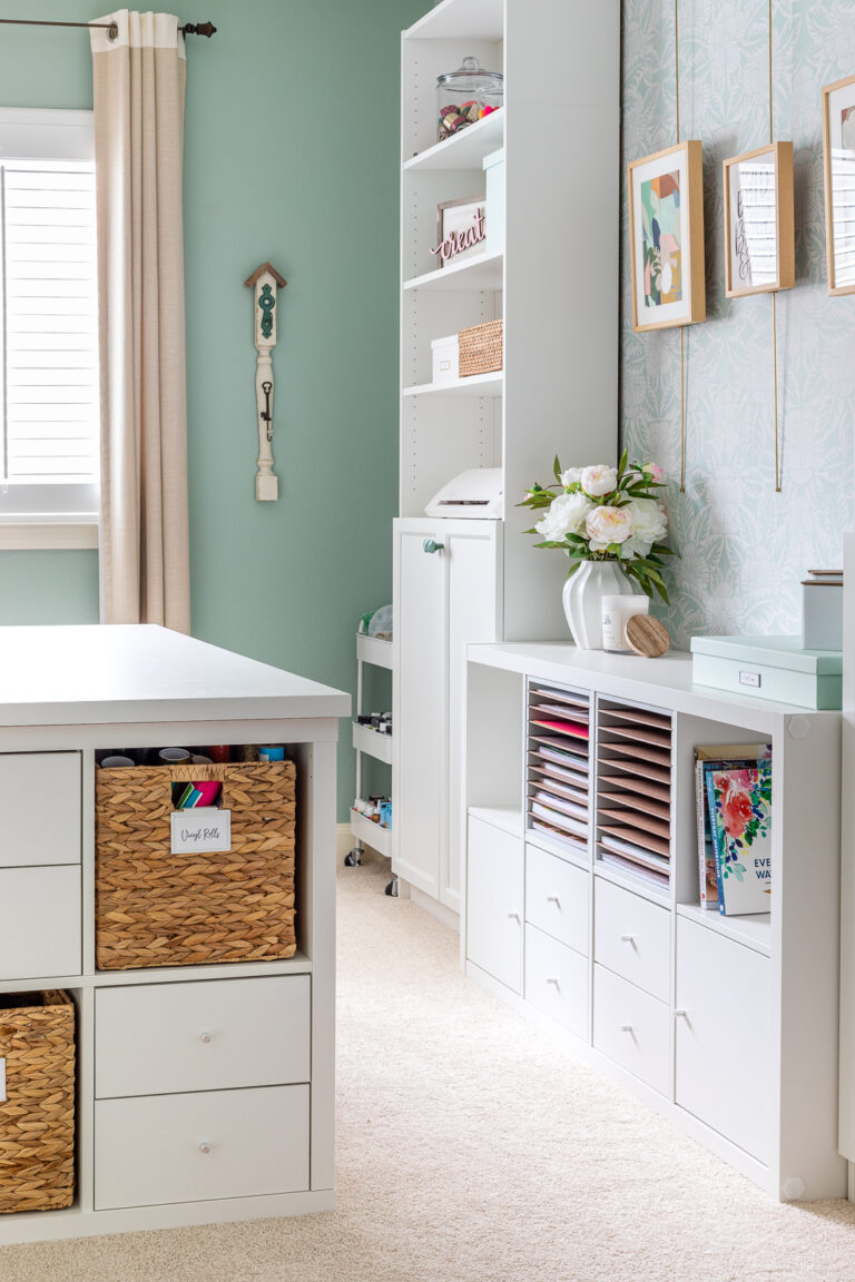Craft room space with cube storage desk, IKEA Billy bookcases and IKEA Kallax units