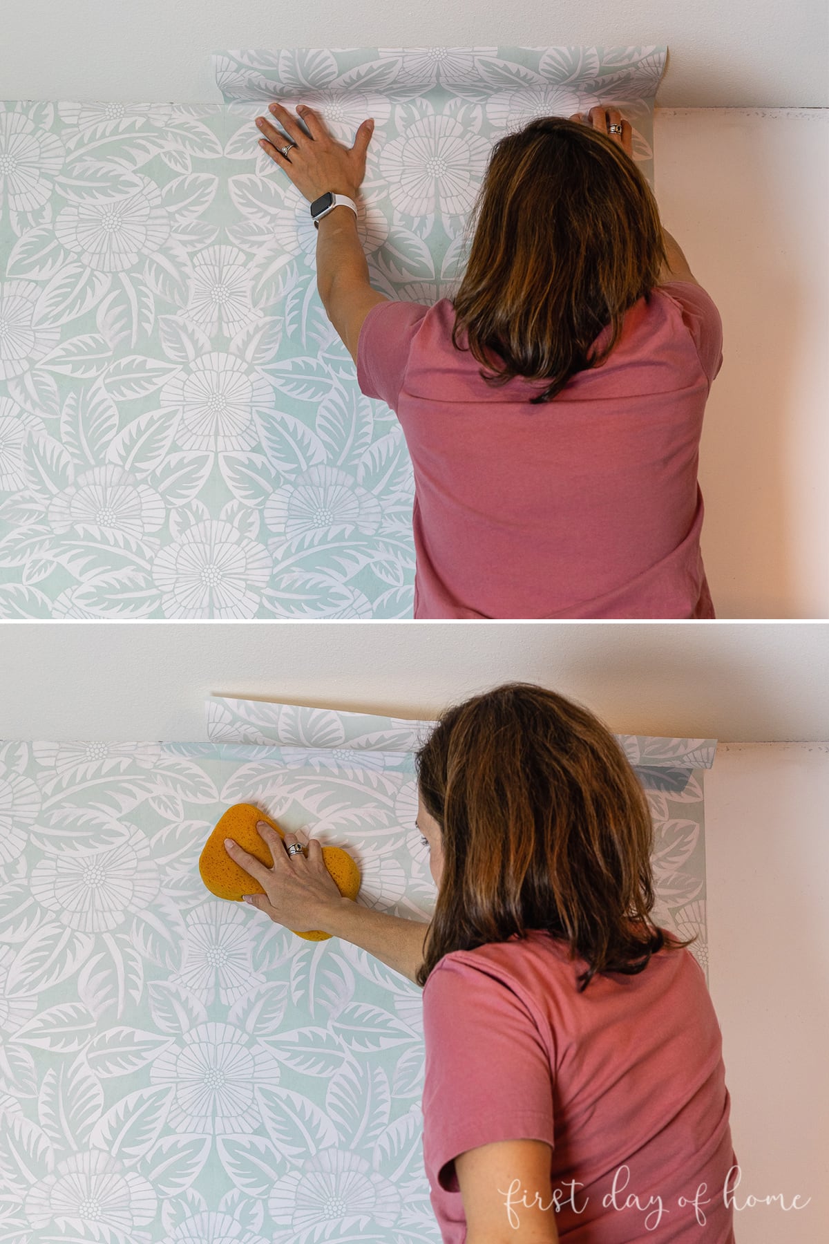 Crissy installing Milton & King wallpaper and smoothing with sponge