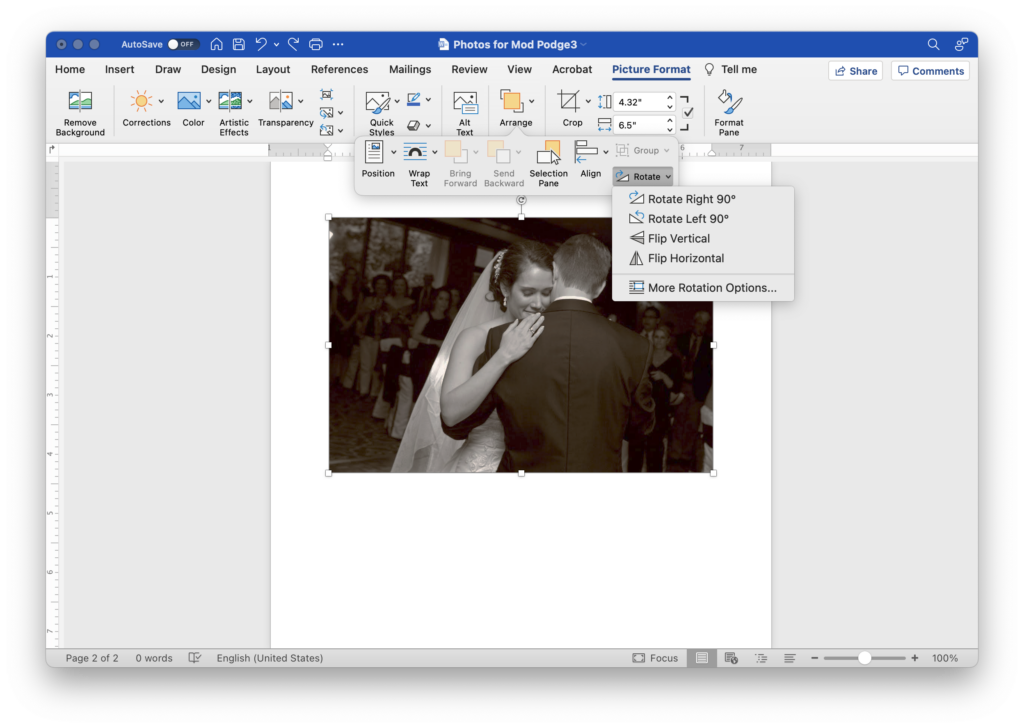 Resizing and mirroring image in Word to prepare for photo transfer to wood
