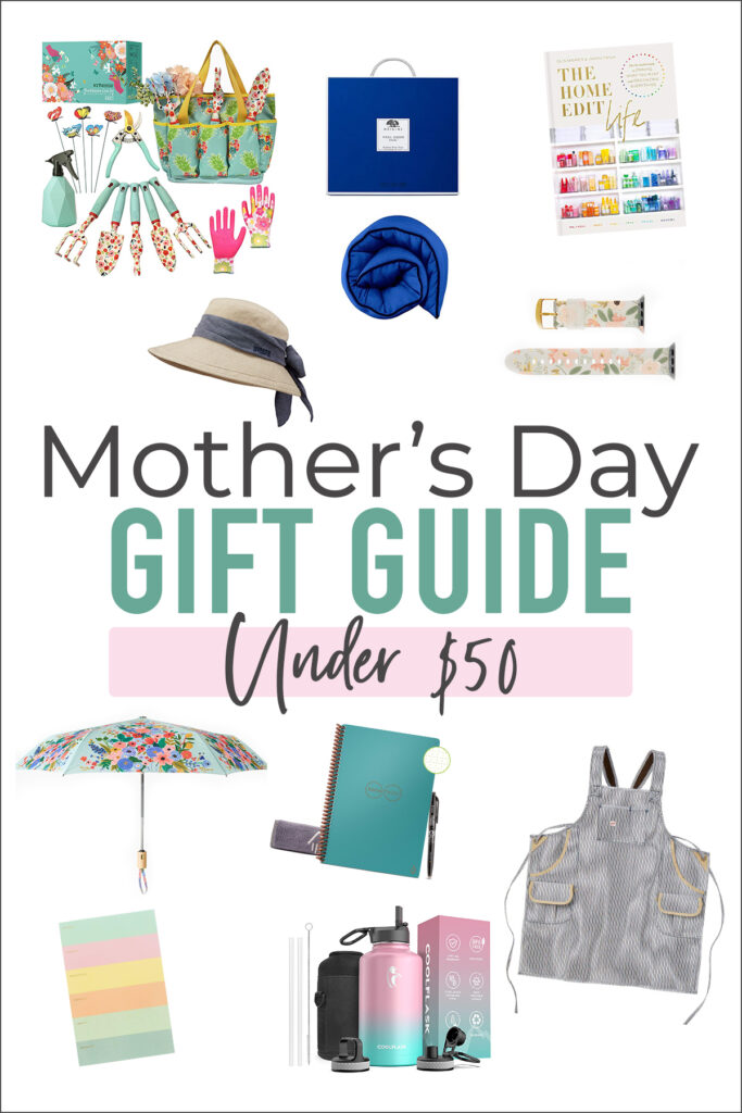 Mother's Day gift ideas collage with text overlay reading "Mother's Day Gift Guide Under $50"