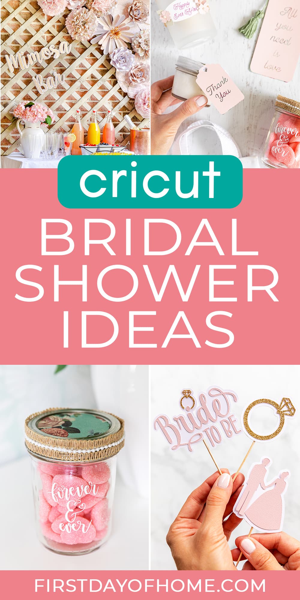 Collage of bridal shower ideas made using Cricut. Text overlay reads "Cricut Bridal Shower Ideas."