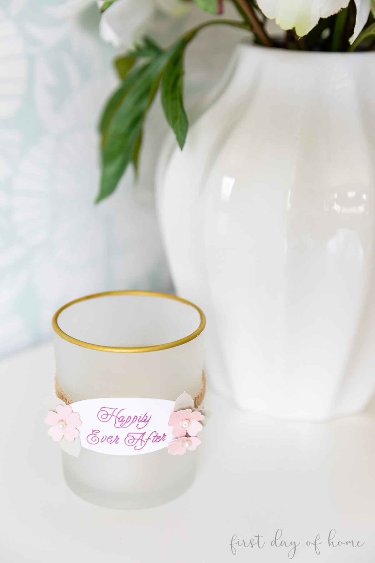 Votive candle with phrase for bridal shower made with Cricut