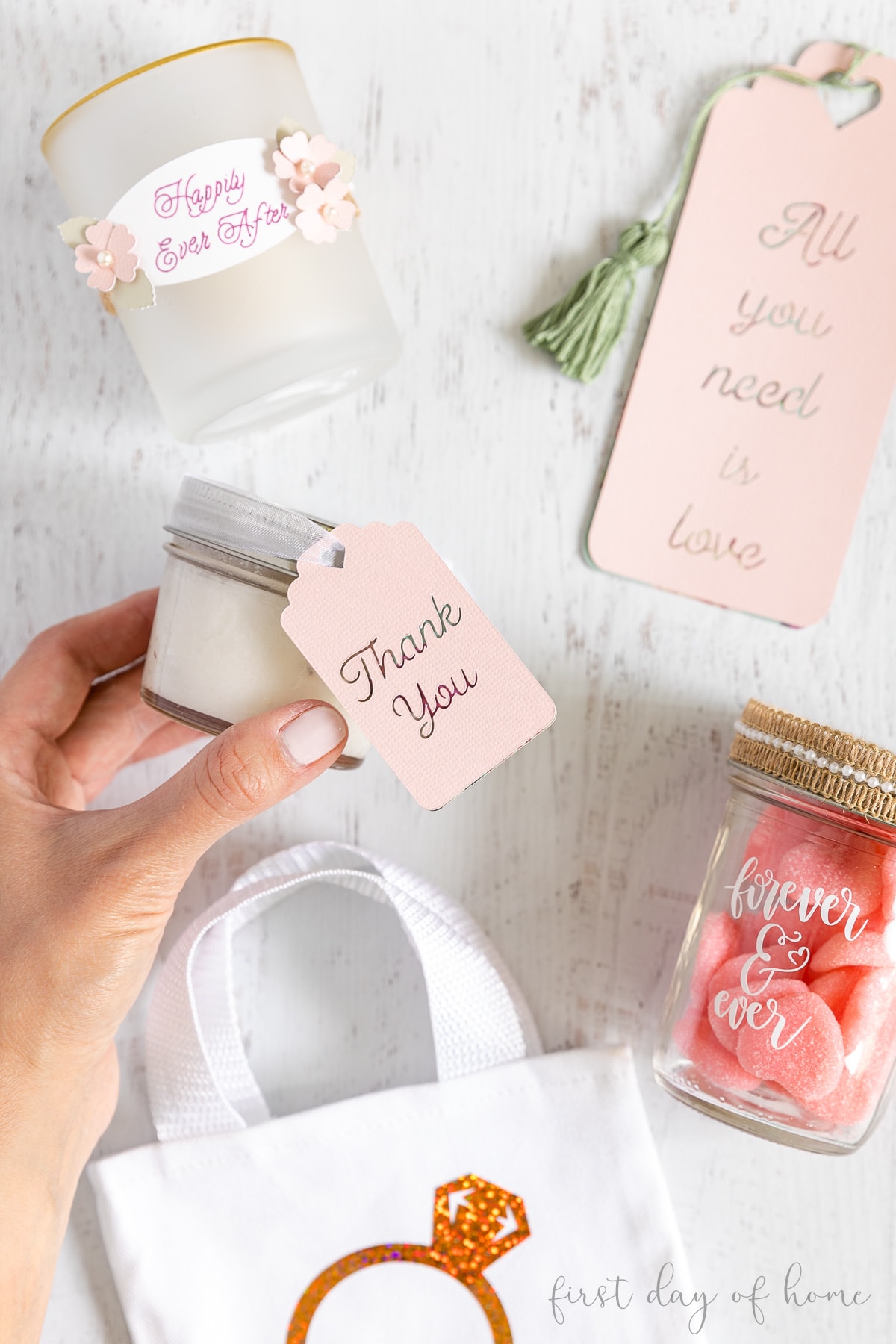 Mason jar with "thank you" gift tag made with Cricut