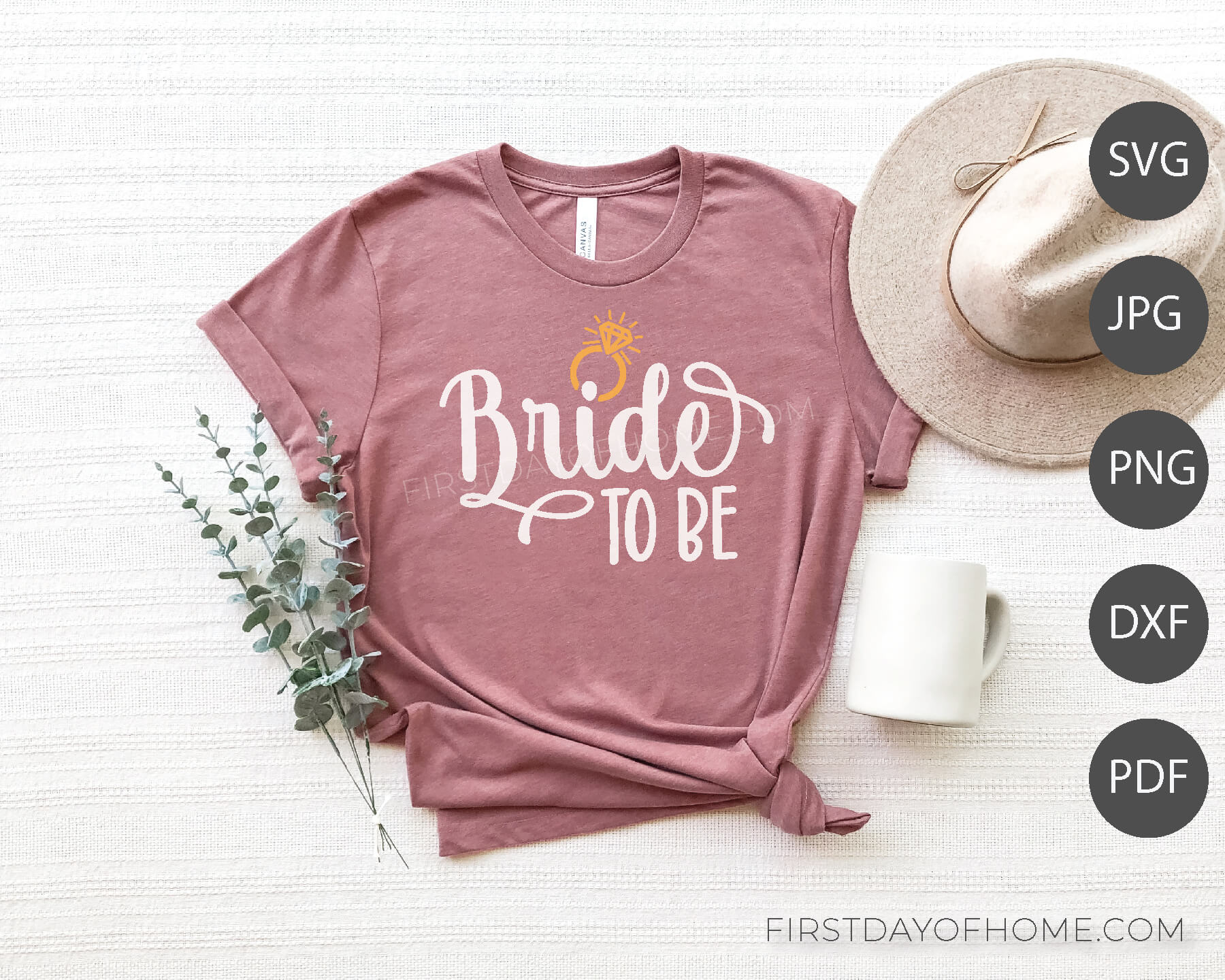T-shirt mockup with "Bride to Be" digital design, shown with hat, mug and eucalyptus branches