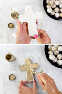 Painting an air dry clay cross with gold paint