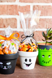 Flower pots painted with Halloween characters, including a black cat flower pot, a ghost flower pot, and a Frankenstein flower pot. Each flower pot holds candies or a succulent plant.