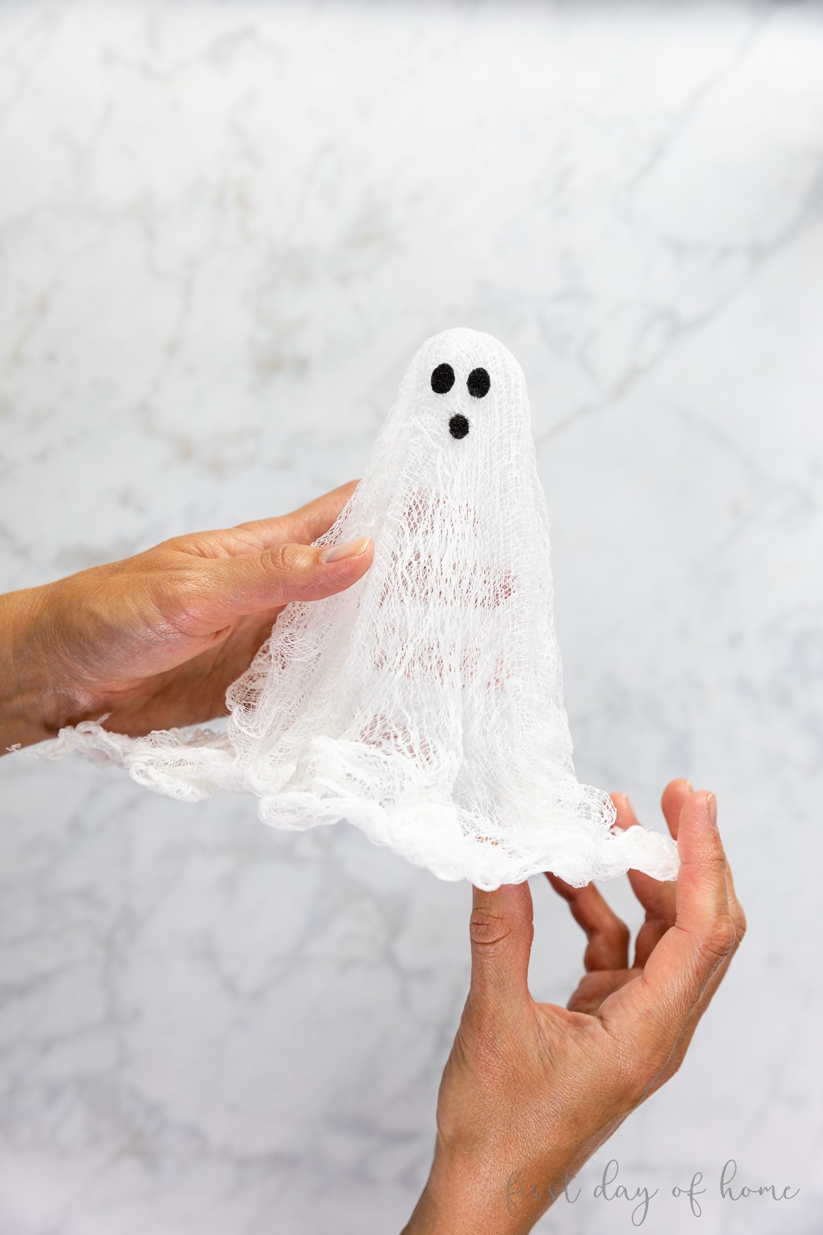 Finished cheesecloth ghost with eyes and mouth