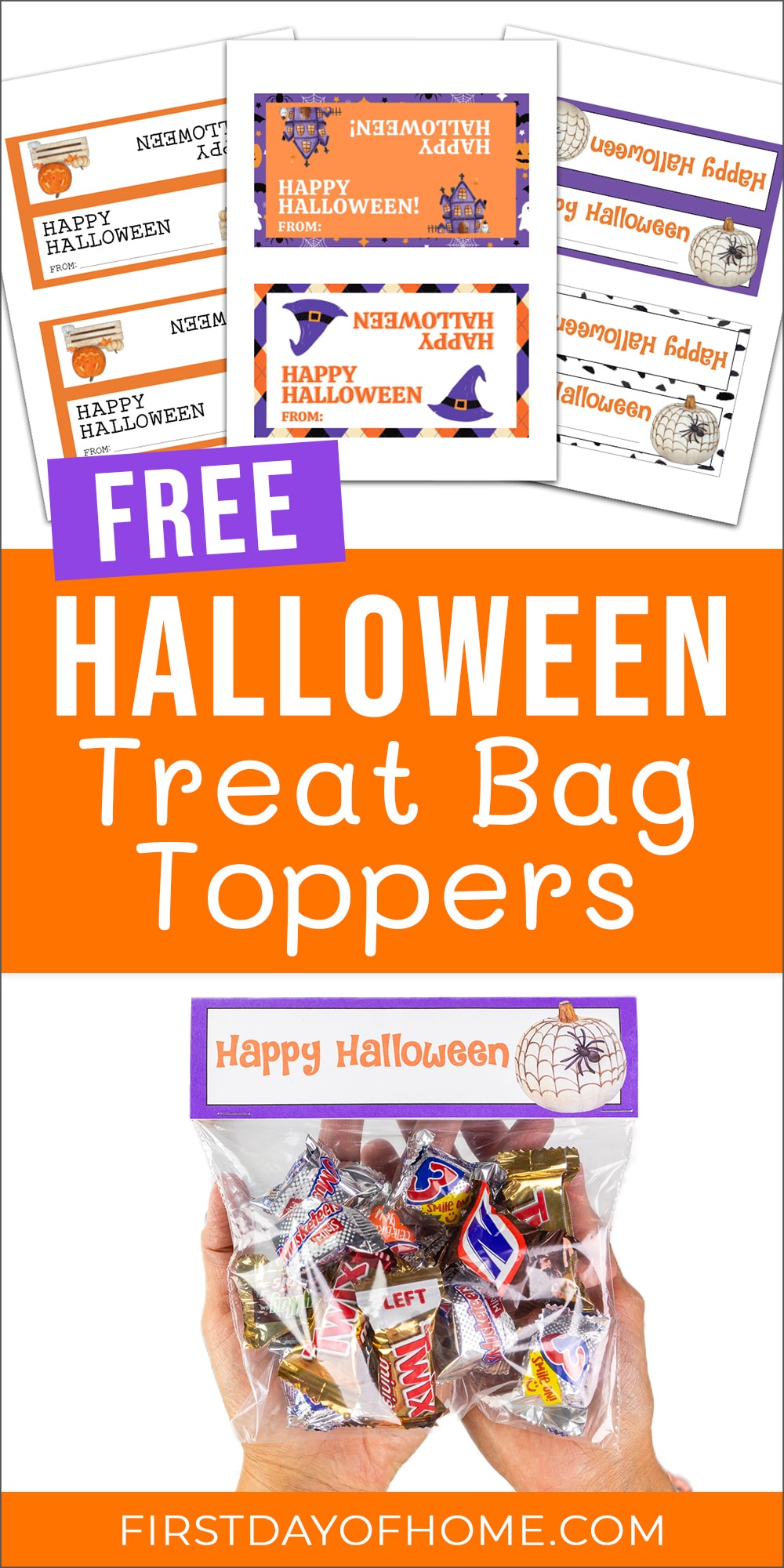 Halloween treat bag toppers that are free printables. Text overlay reads "Free Halloween Treat Bag Toppers"