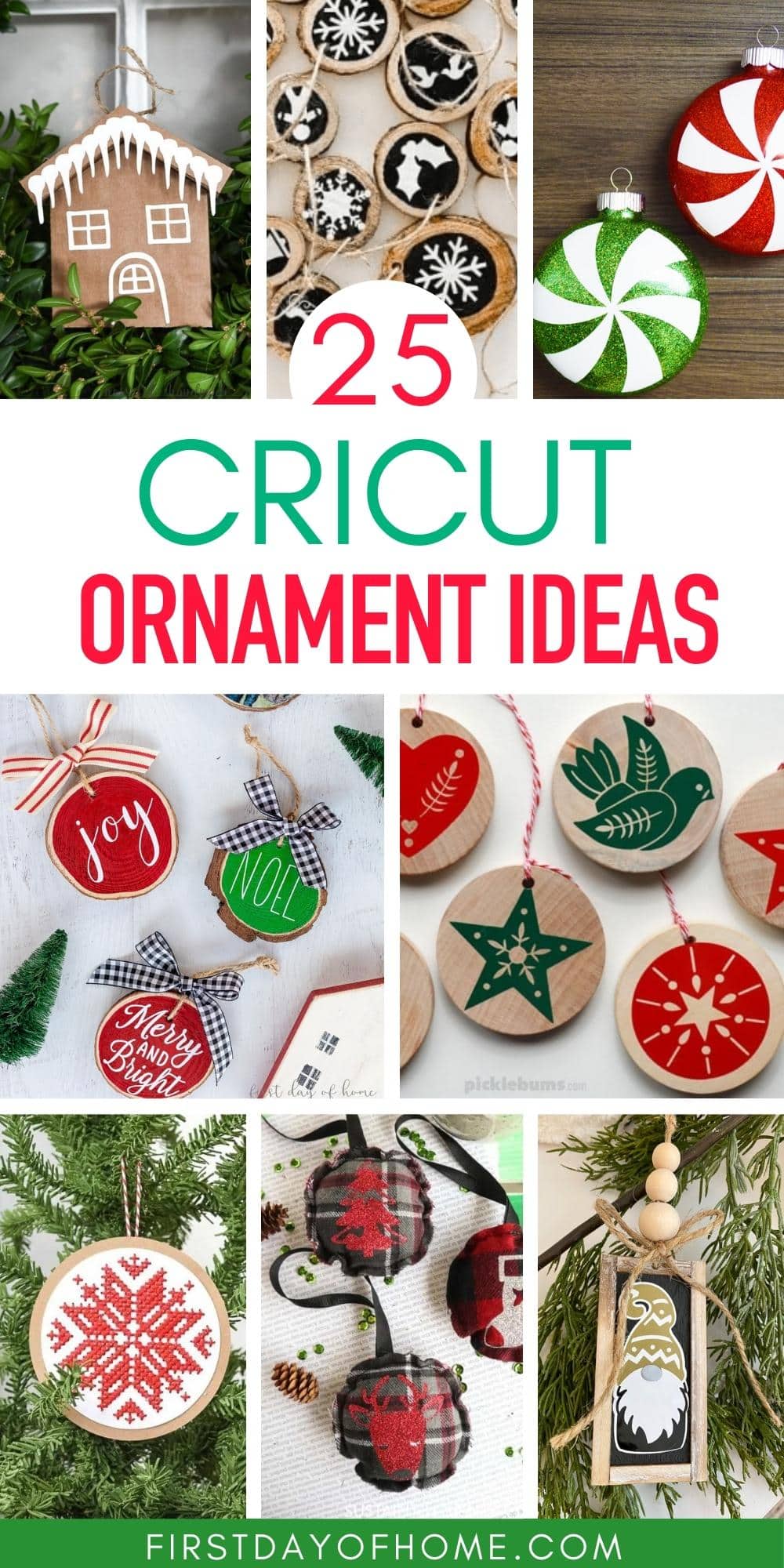 Collage of Cricut Christmas ornaments with text overlay reading "25 Cricut Christmas Ornament Ideas"