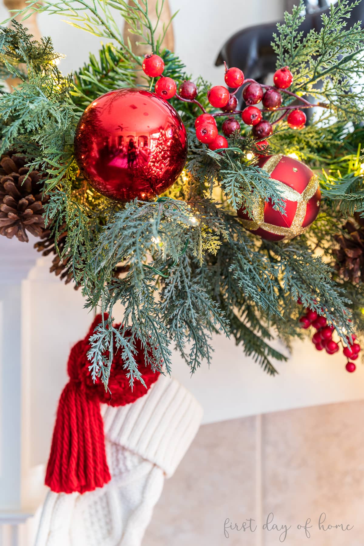 Closeup of Christmas ornaments hung on a Christmas mantel garland