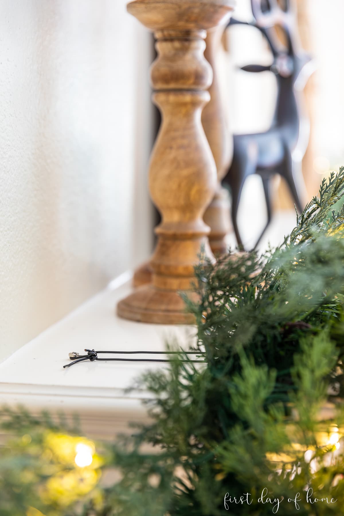Screw on top of Christmas mantel to hang heavy objects