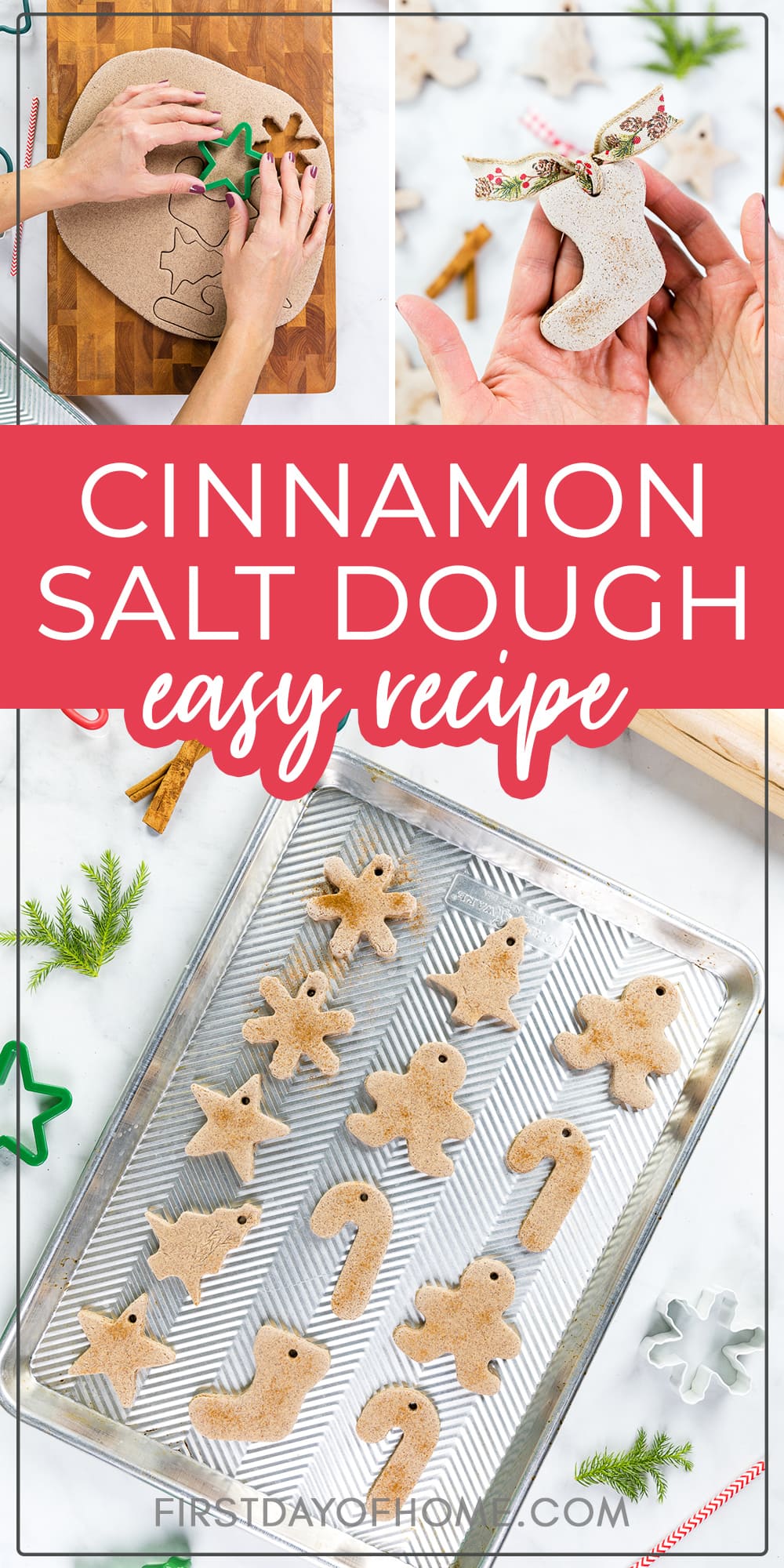 Collage showing steps to make cinnamon salt dough recipe
