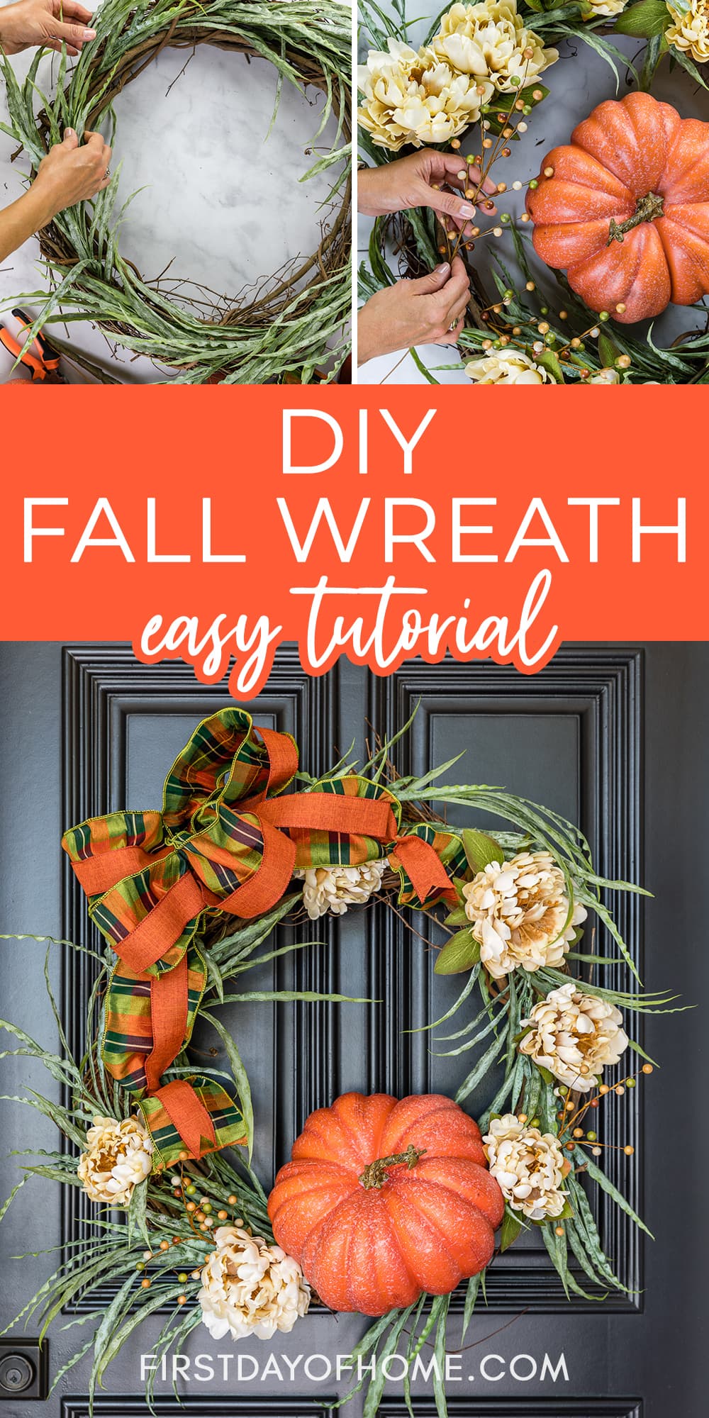 Collage showing steps for making a DIY fall wreath. Text overlay reads "DIY Fall Wreath Easy Tutorial"