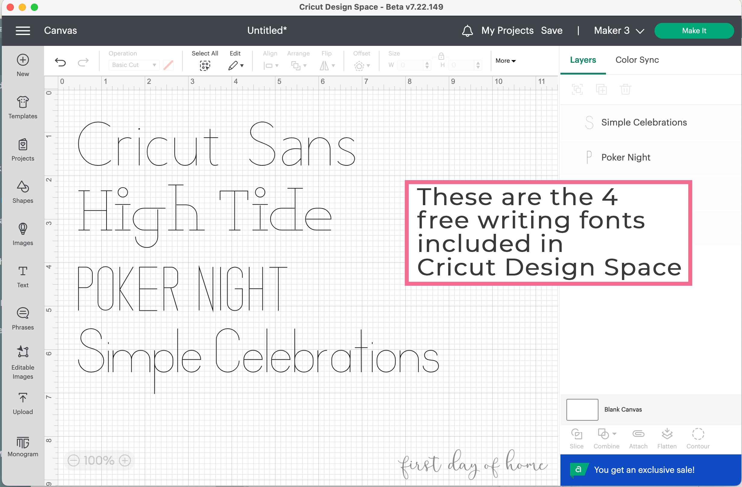 Examples of the four free writing fonts for Cricut included in Cricut Design Space