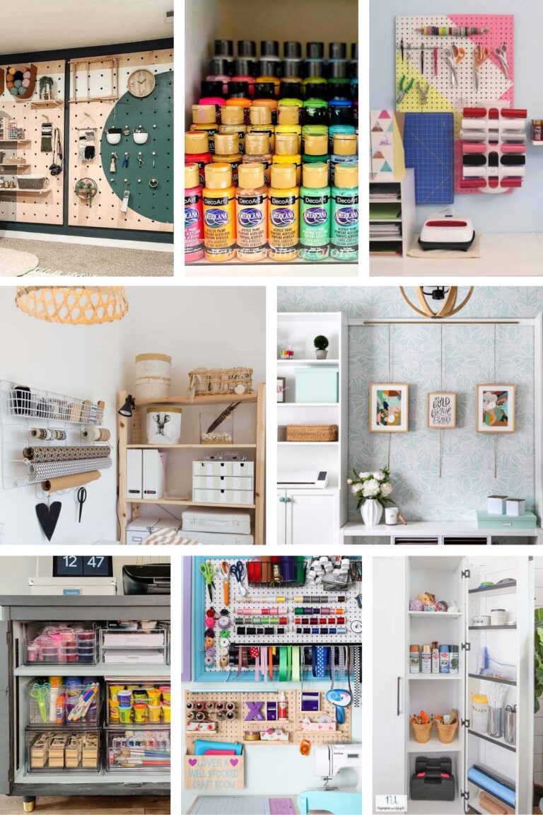 Collage of craft room spaces with various storage solutions for craft supplies