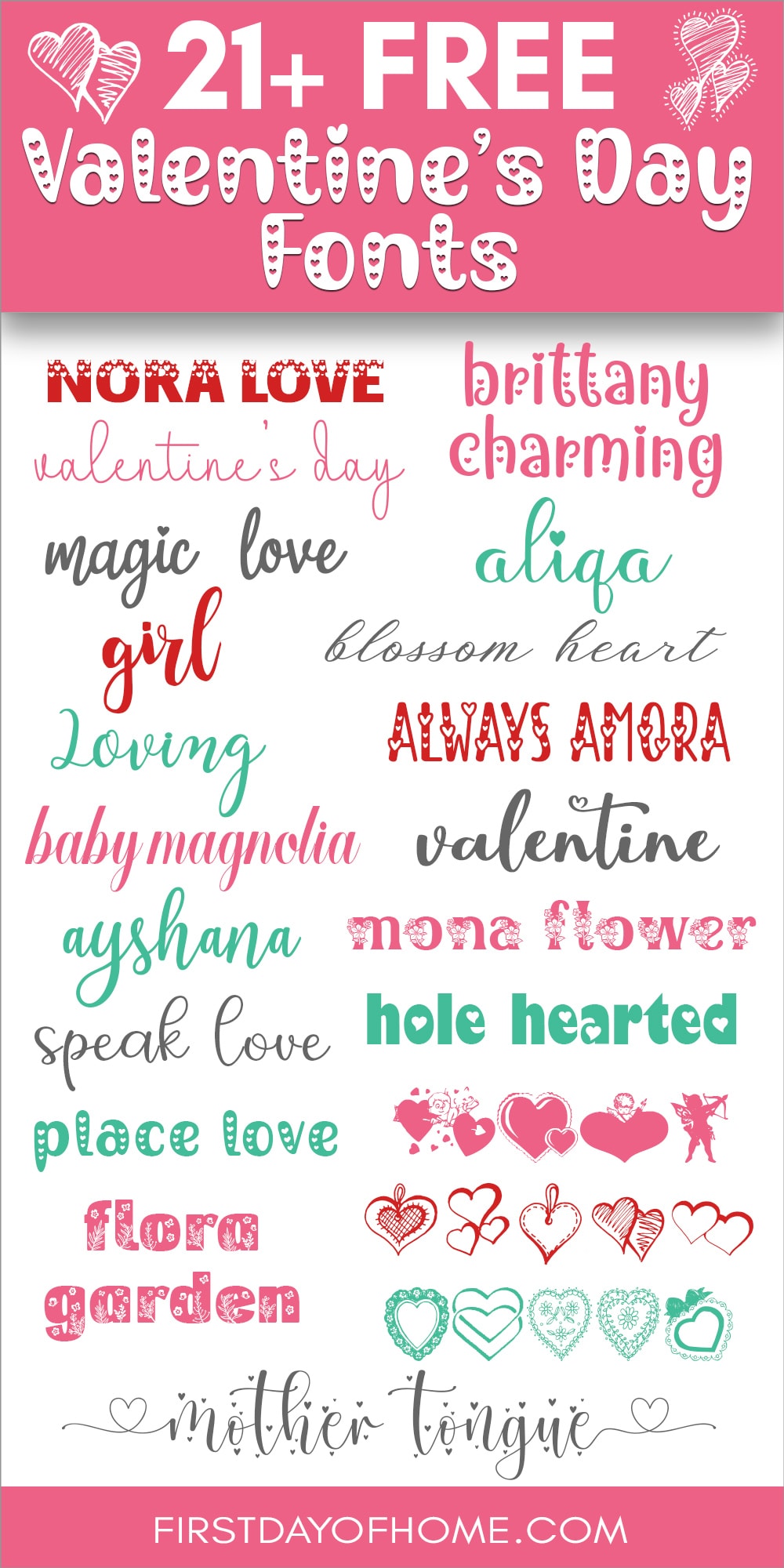 Collection of various free Valentine's Day fonts with text overlay reading "21+ Free Valentine's Day Fonts"
