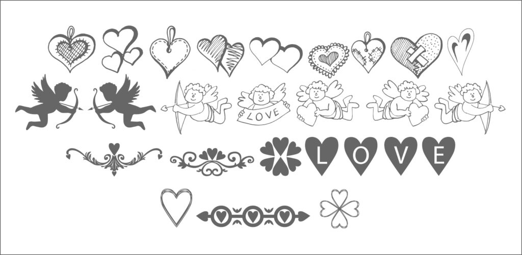 Valentine's Day font called "Happy Valentine's Day" with symbols for each letter, including hearts and cupids