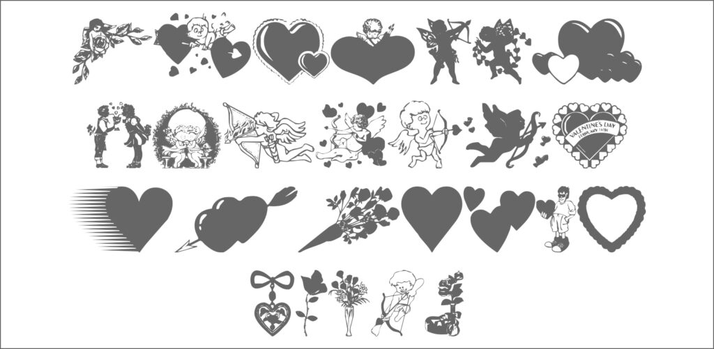 Graphical font called Valentine C with various hearts and Valentine symbols for letters.