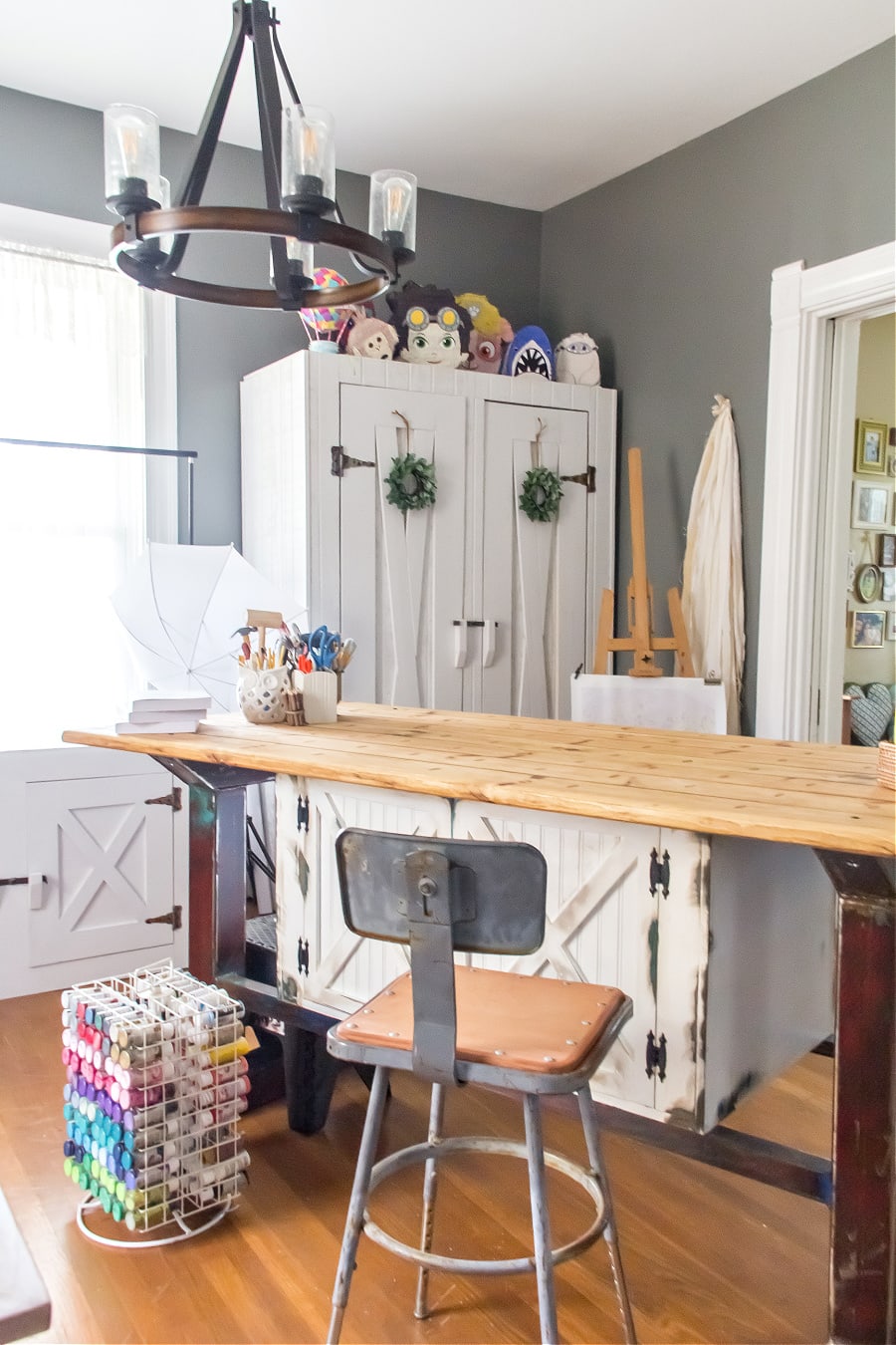 Craft room farmhouse cabinet with storage and matching desk
