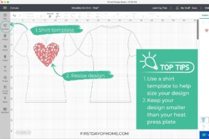 Infusible ink heart design in Cricut Design Space with tips for resizing your design to match a shirt size