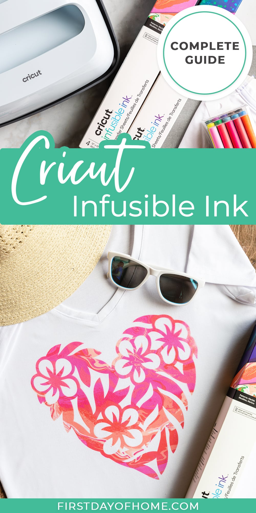 Infusible ink supplies and shirt made with infusible ink. Text overlay reads "Cricut infusible ink"