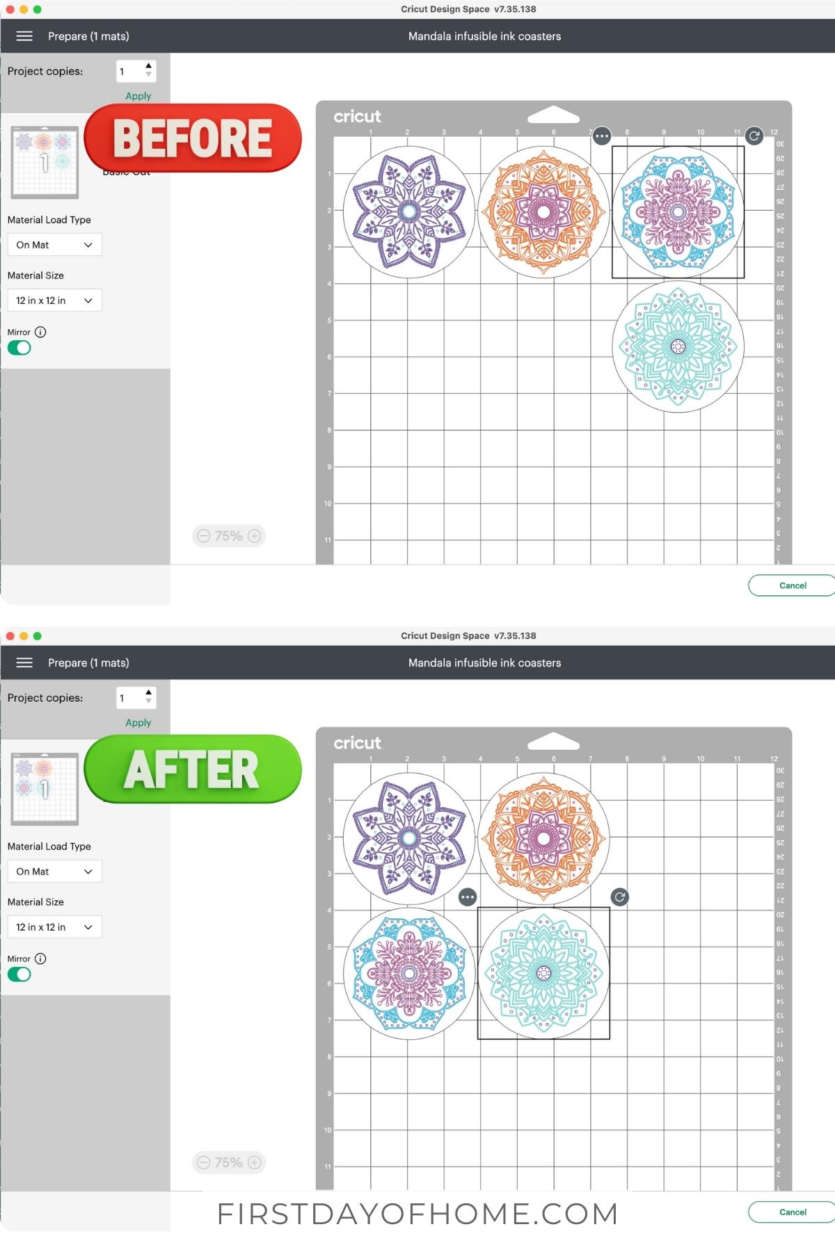 Mandala designs preview in Cricut Design Space before and after adjusting for workspace of infusible ink pens and laser paper