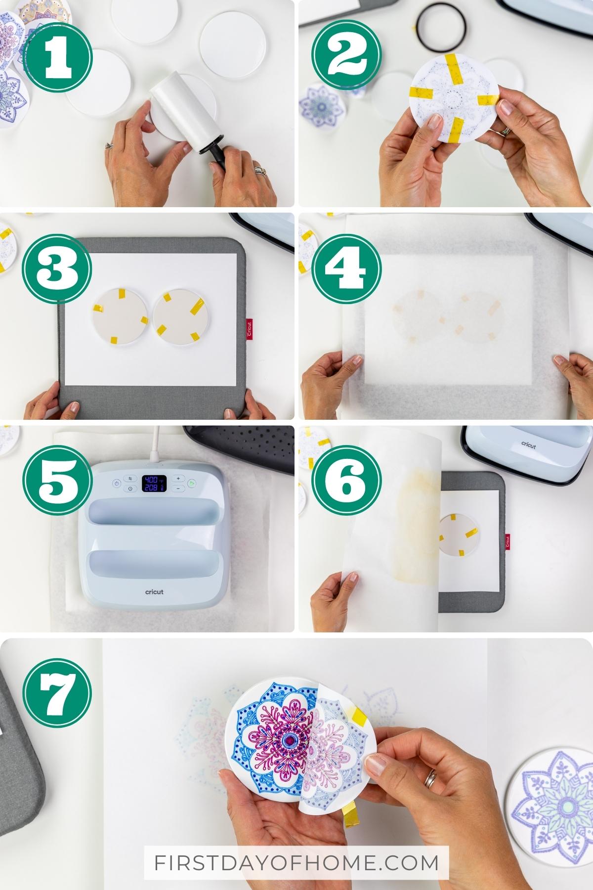 Steps showing how to use a Cricut EasyPress to create coasters with Cricut infusible ink pens