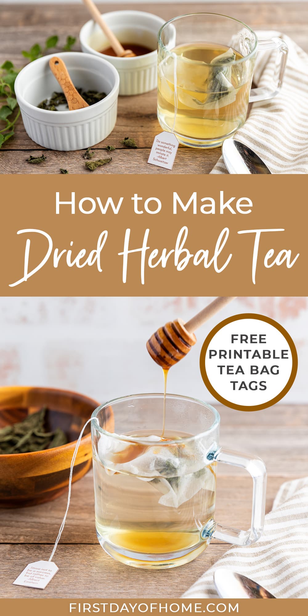 Herbal tea made with dried herbs, shown with honey and tea towels. Text overlay reads "How to Make Dried Herbal Tea".