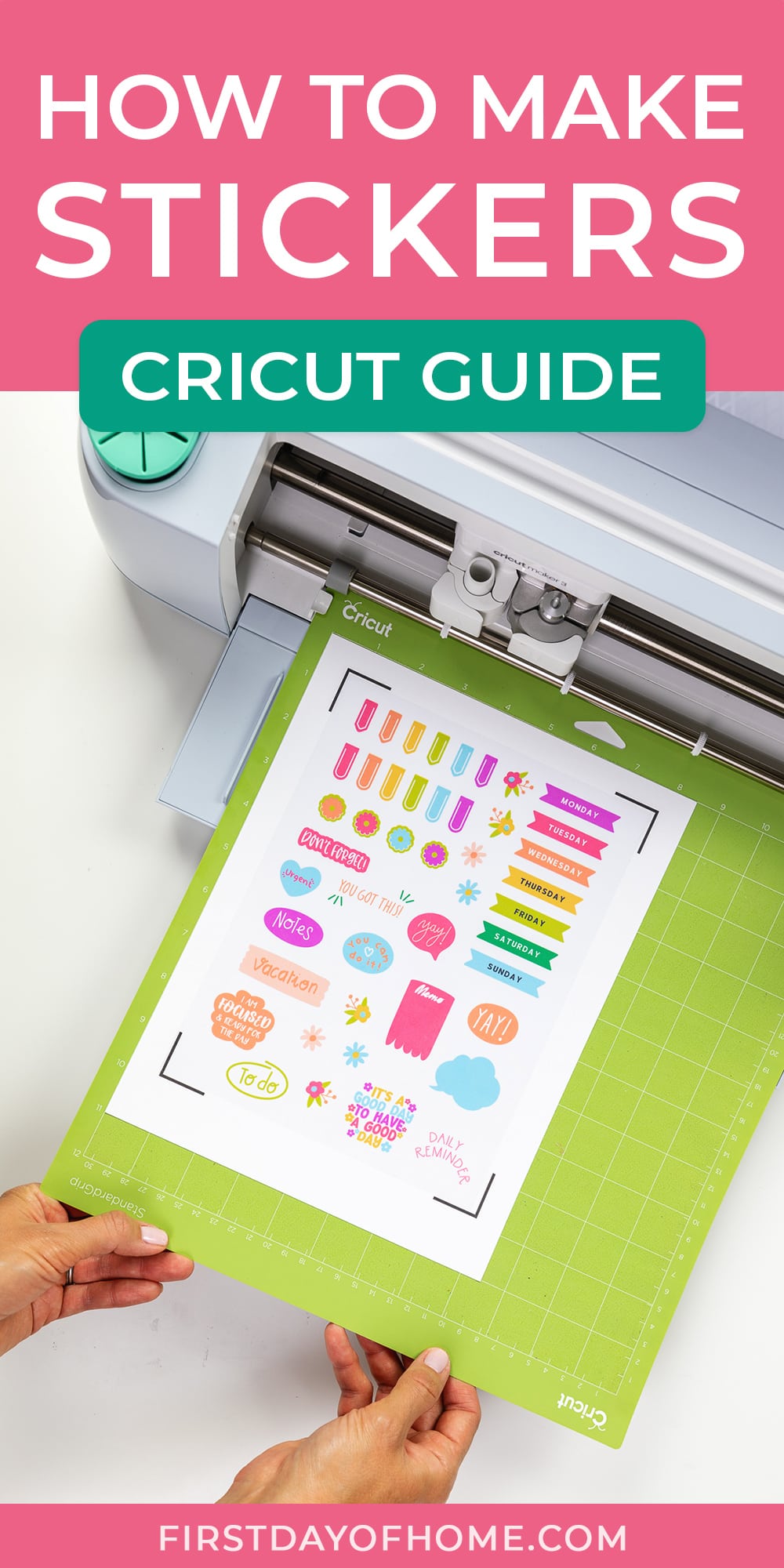 Cricut Maker cutting stickers with text overlay reading "How to Make Stickers Cricut Guide"