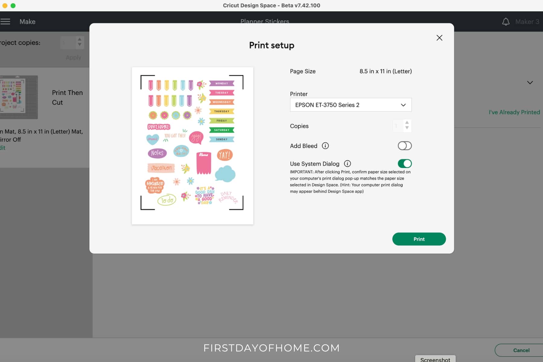 Print settings for making stickers with Cricut