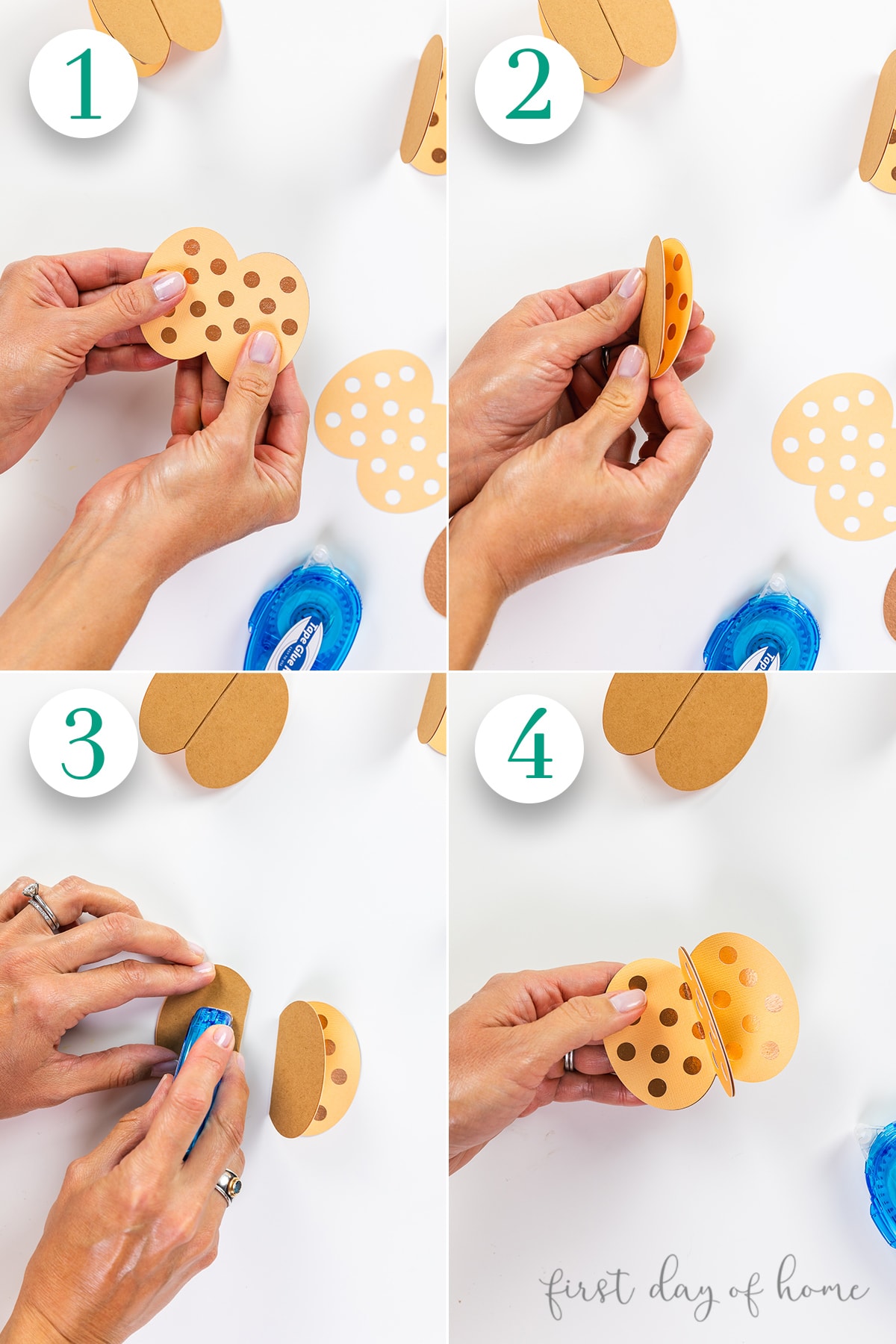 Steps for assembling paper pumpkins with a polka-dot design