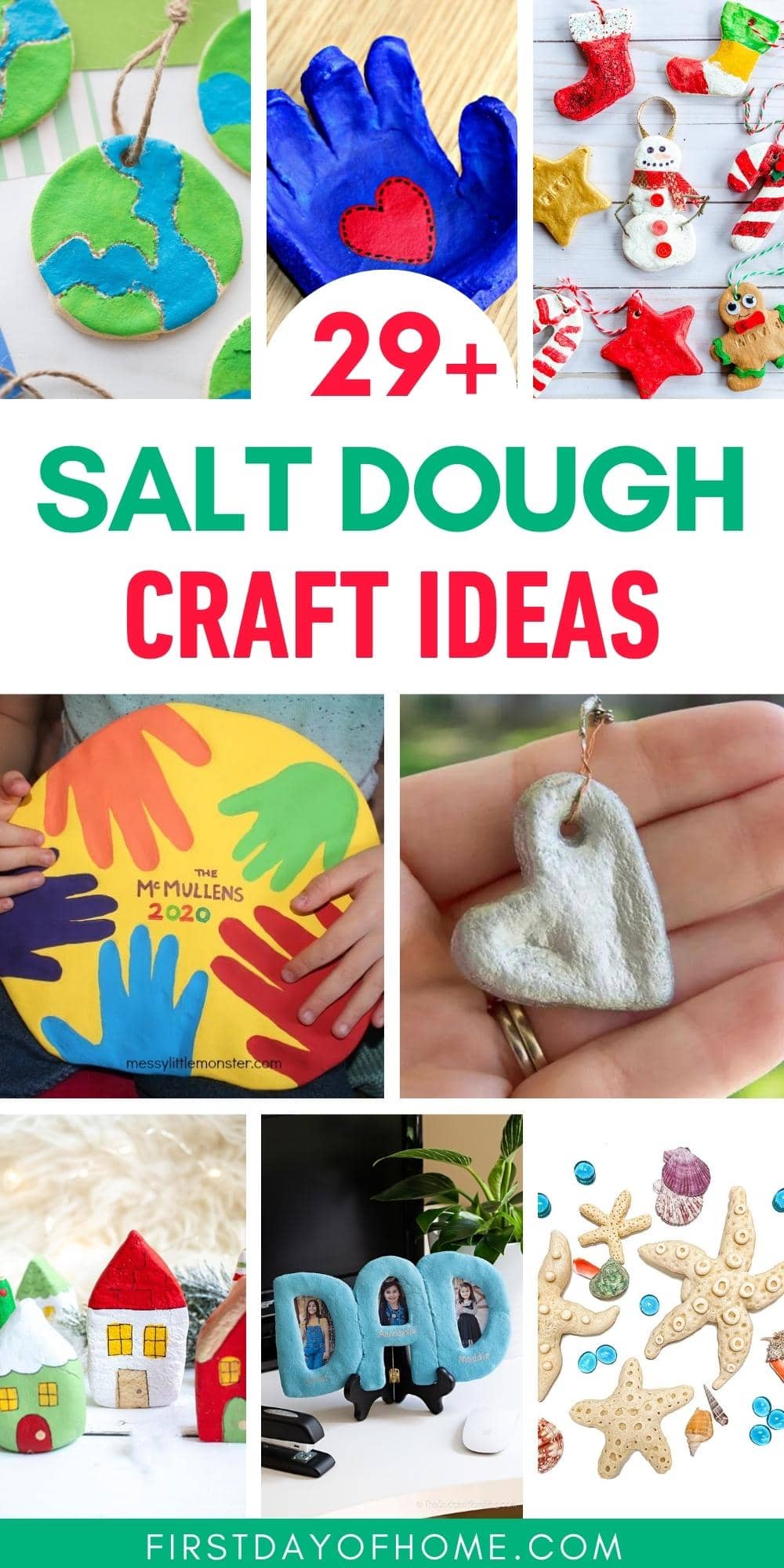 Collage of salt dough crafts, including DIY ornaments, handprint keepsakes, and pendants. Text overlay reads "29+ Salt Dough Craft Ideas".
