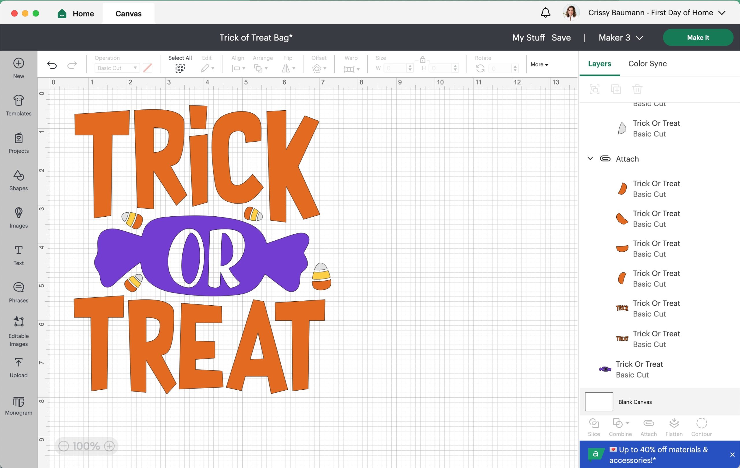 Trick or Treat design in Cricut Design Space with layers of similar colors "Attached" before cutting.