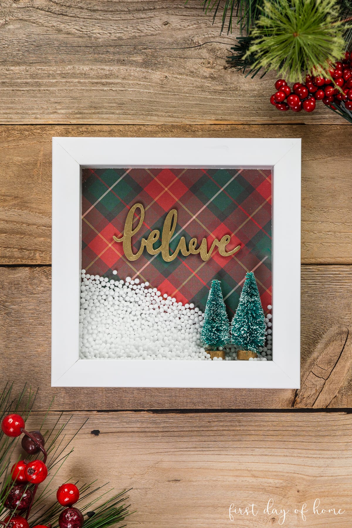 Shadow box with bottlebrush trees and faux snow and wood cutout that reads "Believe".