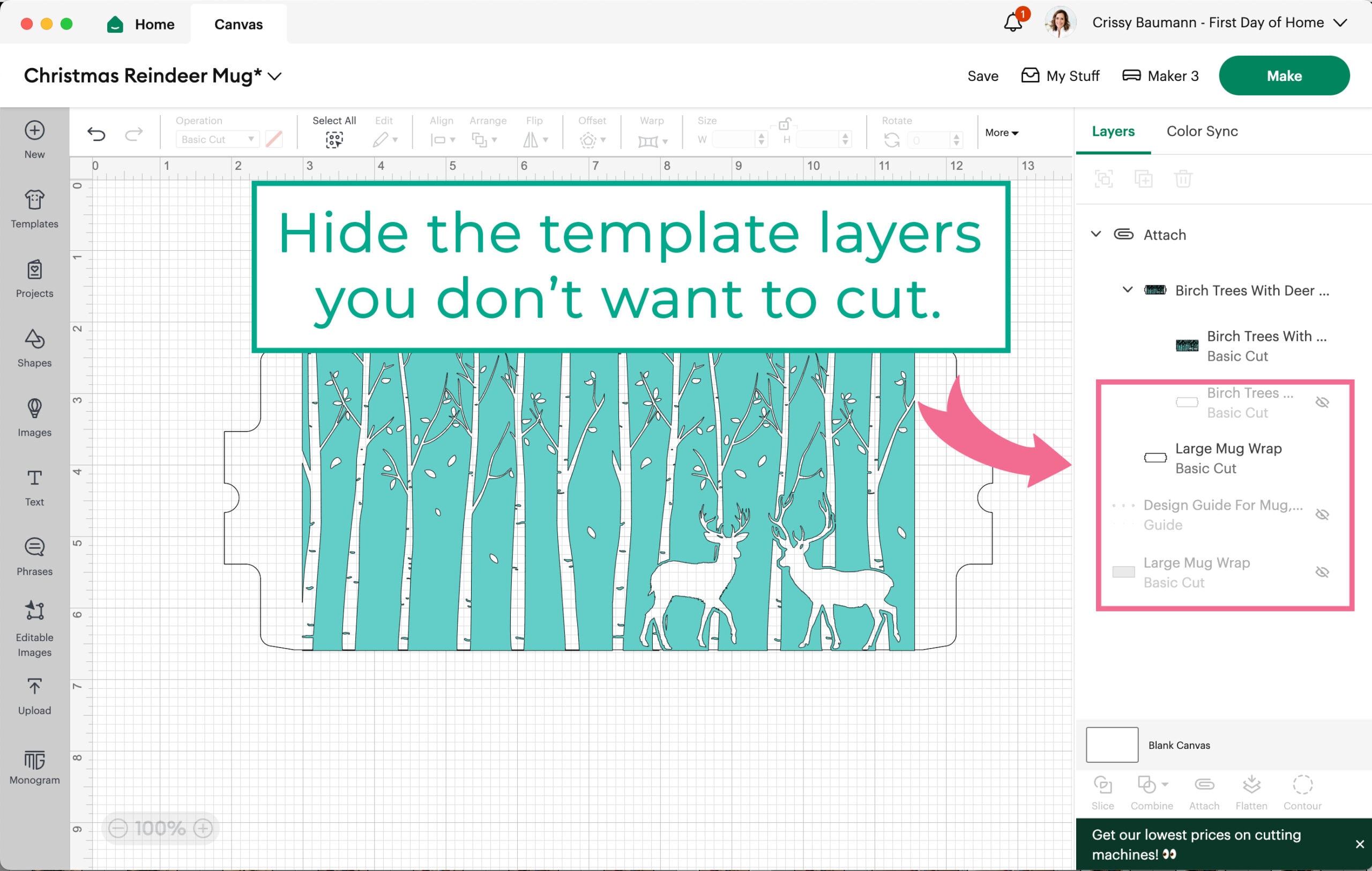 Screenshot showing how to use Cricut Mug Press templates in the software by hiding the guide layers.