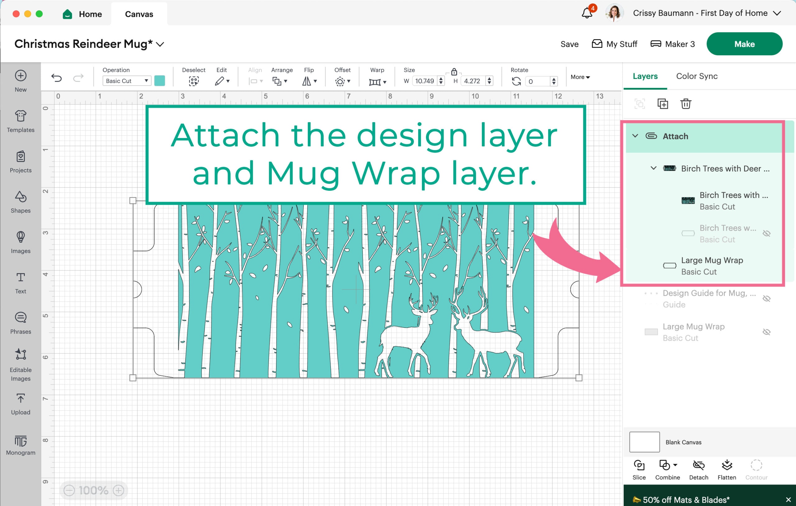 Attaching design layer and outer mug design layer in Cricut Design Space.