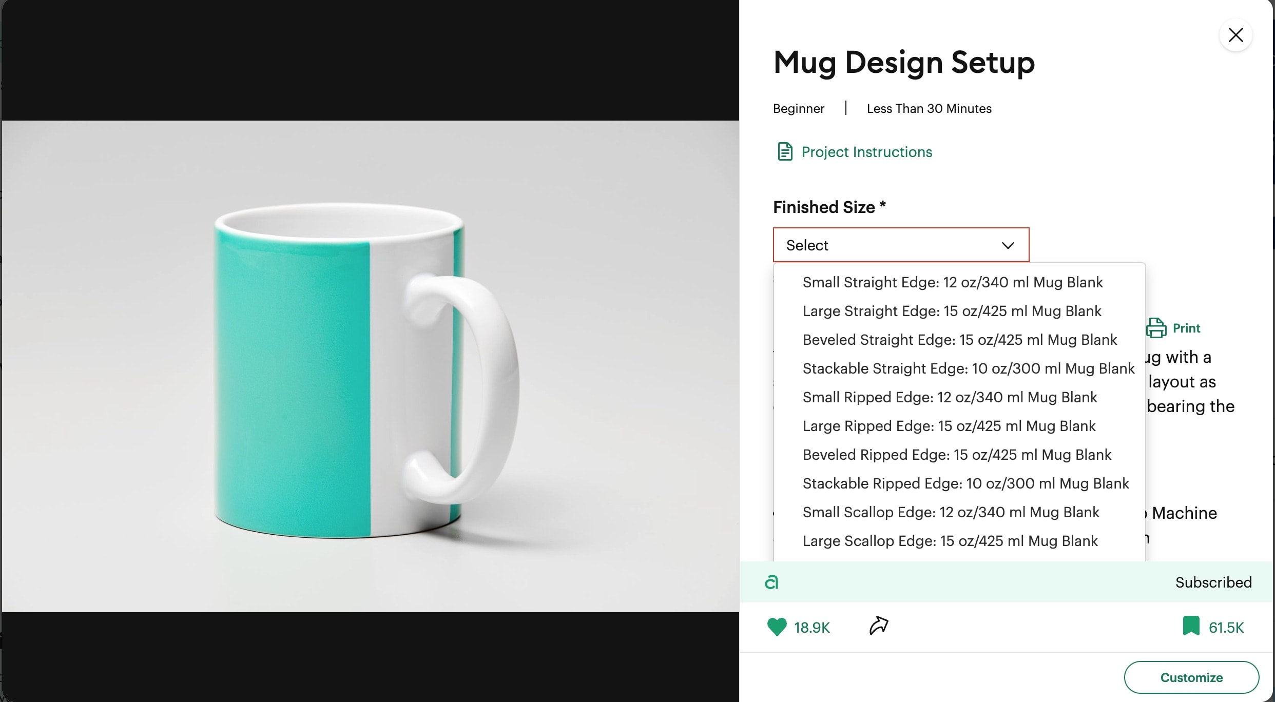 Cricut mug design setup with mug templates for various mug sizes and styles in Cricut Design Space software.