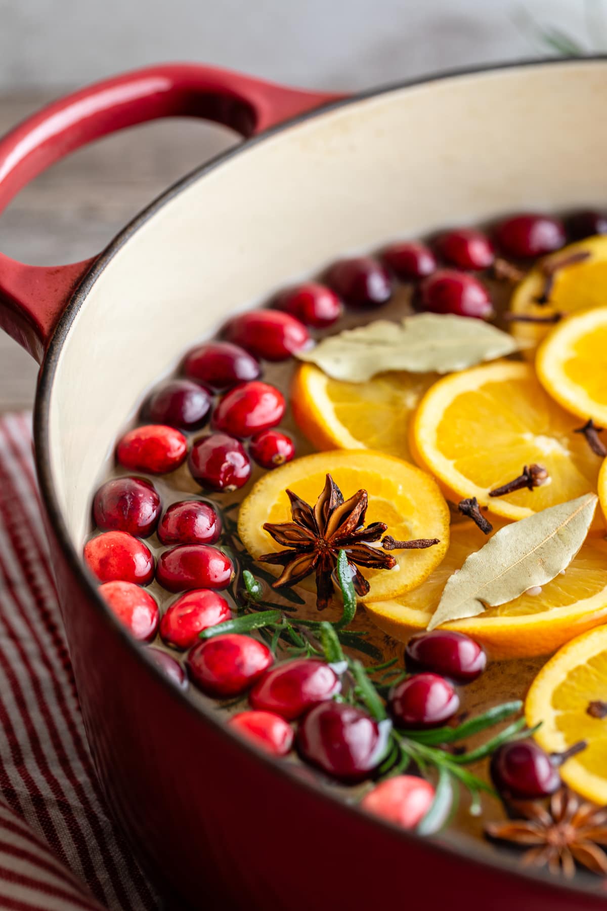 Dutch oven filled with simmer pot ingredients, including cranberries, cinnamon sticks, rosemary, orange slices, and star anise.