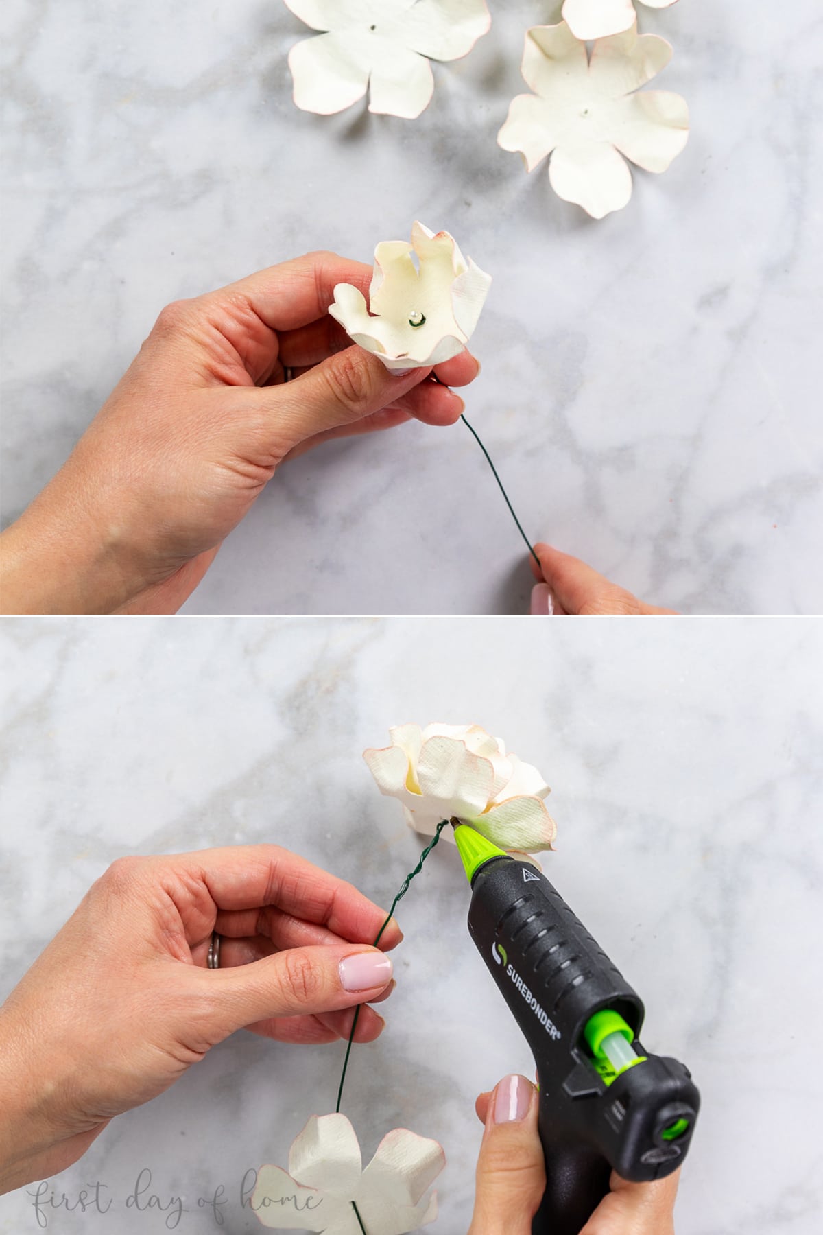 Assembling paper roses on floral wire.
