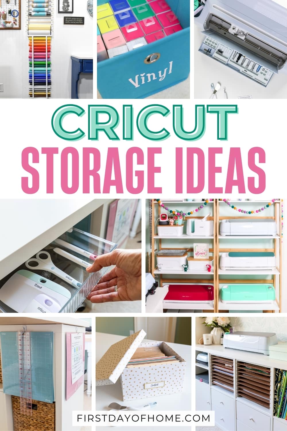 Collage of Cricut organizing ideas including mat storage and vinyl storage. Text overlay reads "Cricut Storage Ideas".