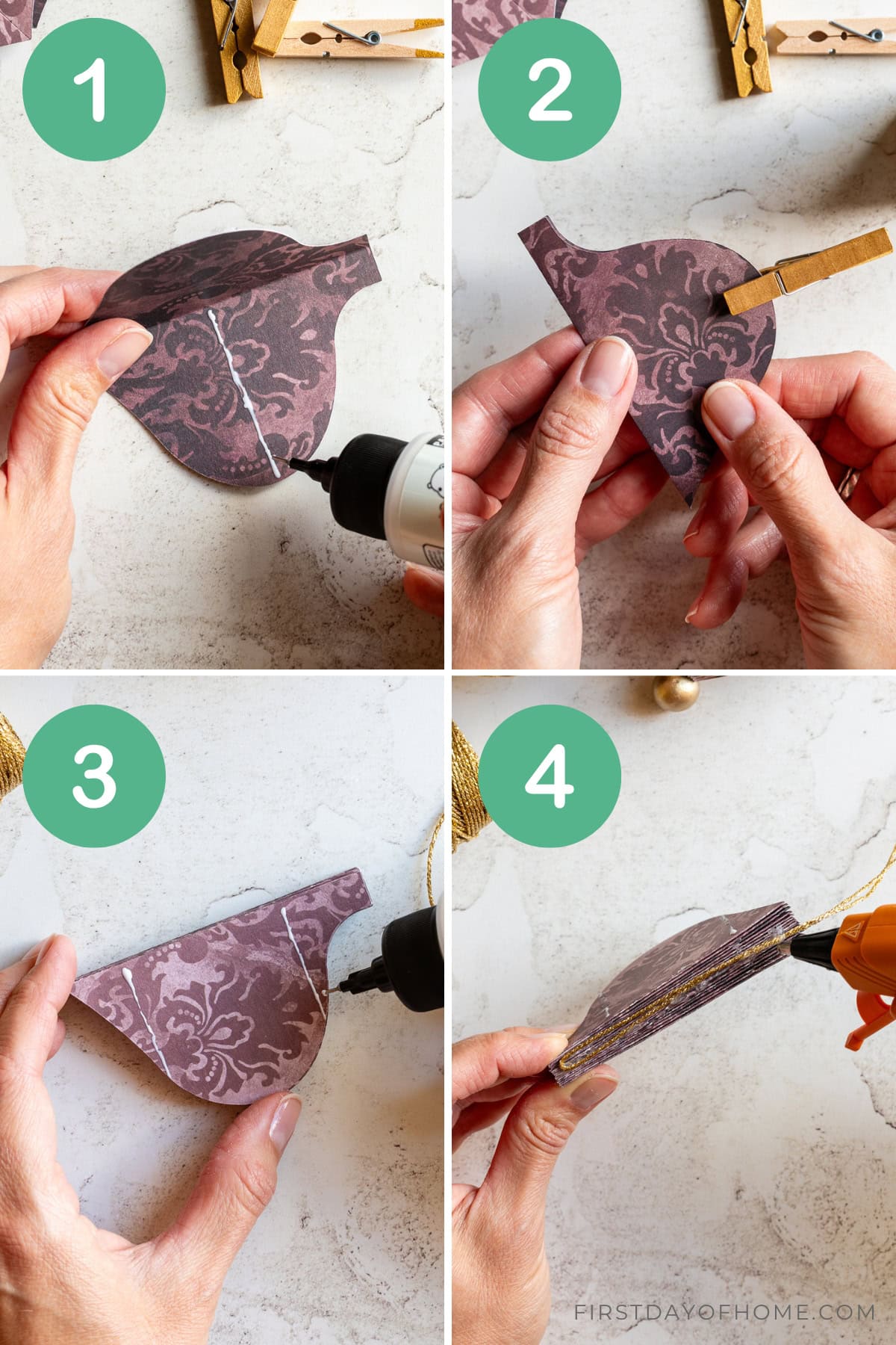 Steps for making honeycomb DIY paper Christmas ornaments.