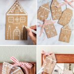 Collage of cardboard gingerbread houses from painting to hanging as a garland.