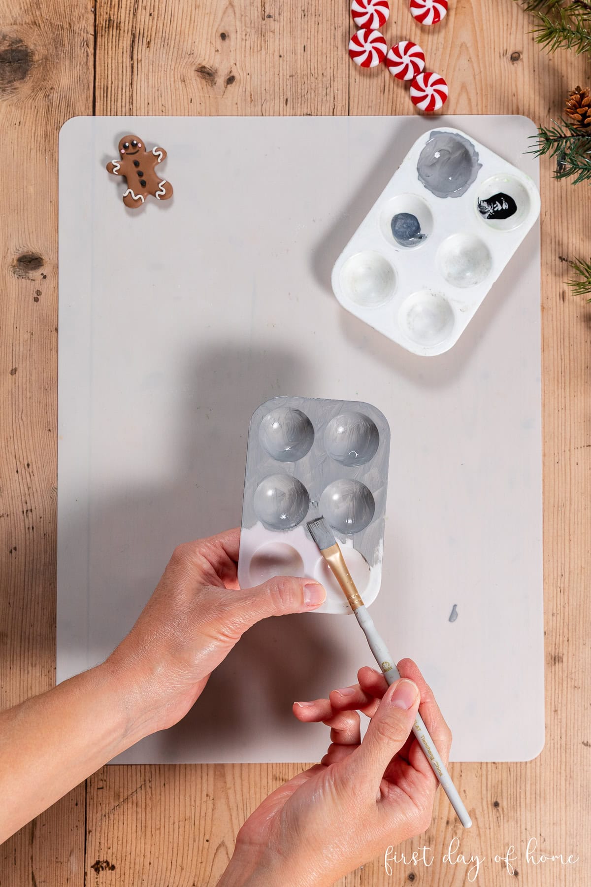 Painting a Dollar Tree paint tray with silver metallic paint.