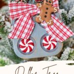 Gingerbread mini muffin tin ornament hanging on a tree.