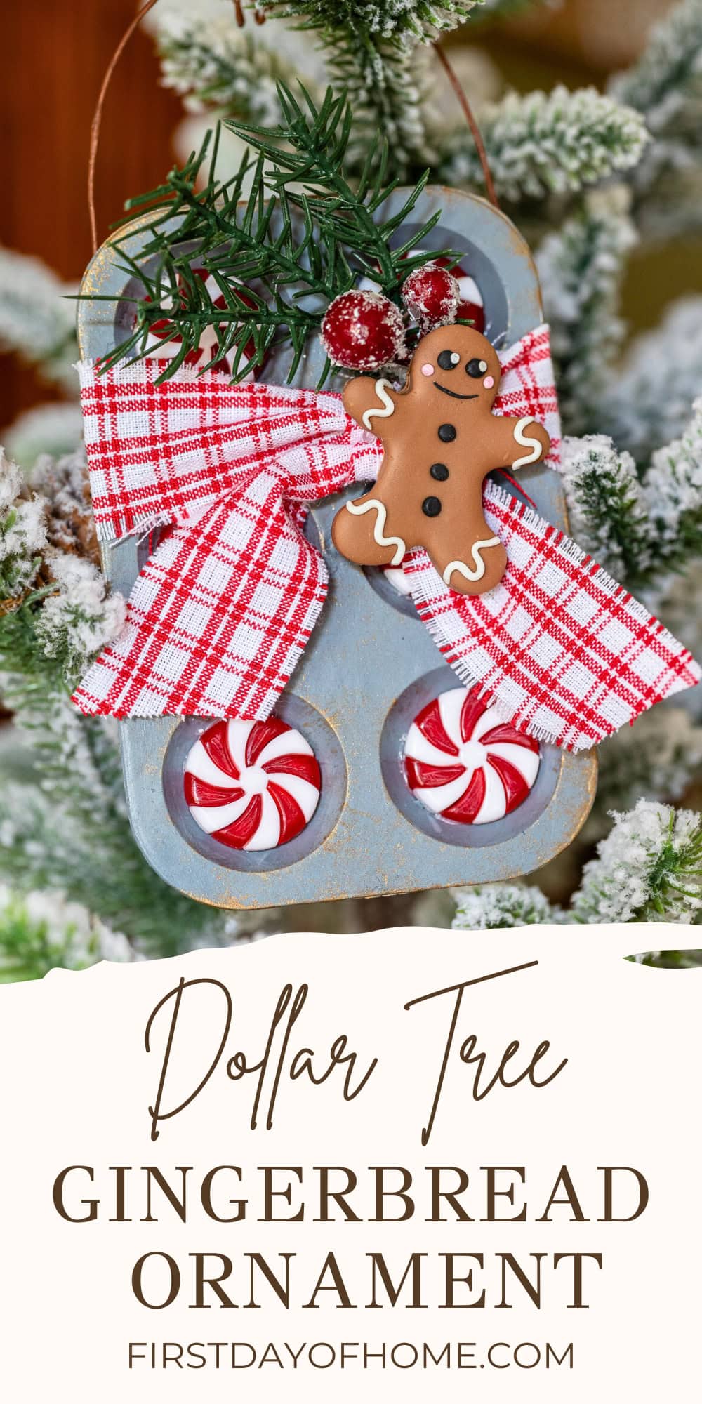 Gingerbread mini muffin tin ornament hanging on a tree.