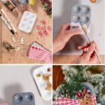 Steps showing supplies and process for making mini gingerbread man muffin tin ornaments.